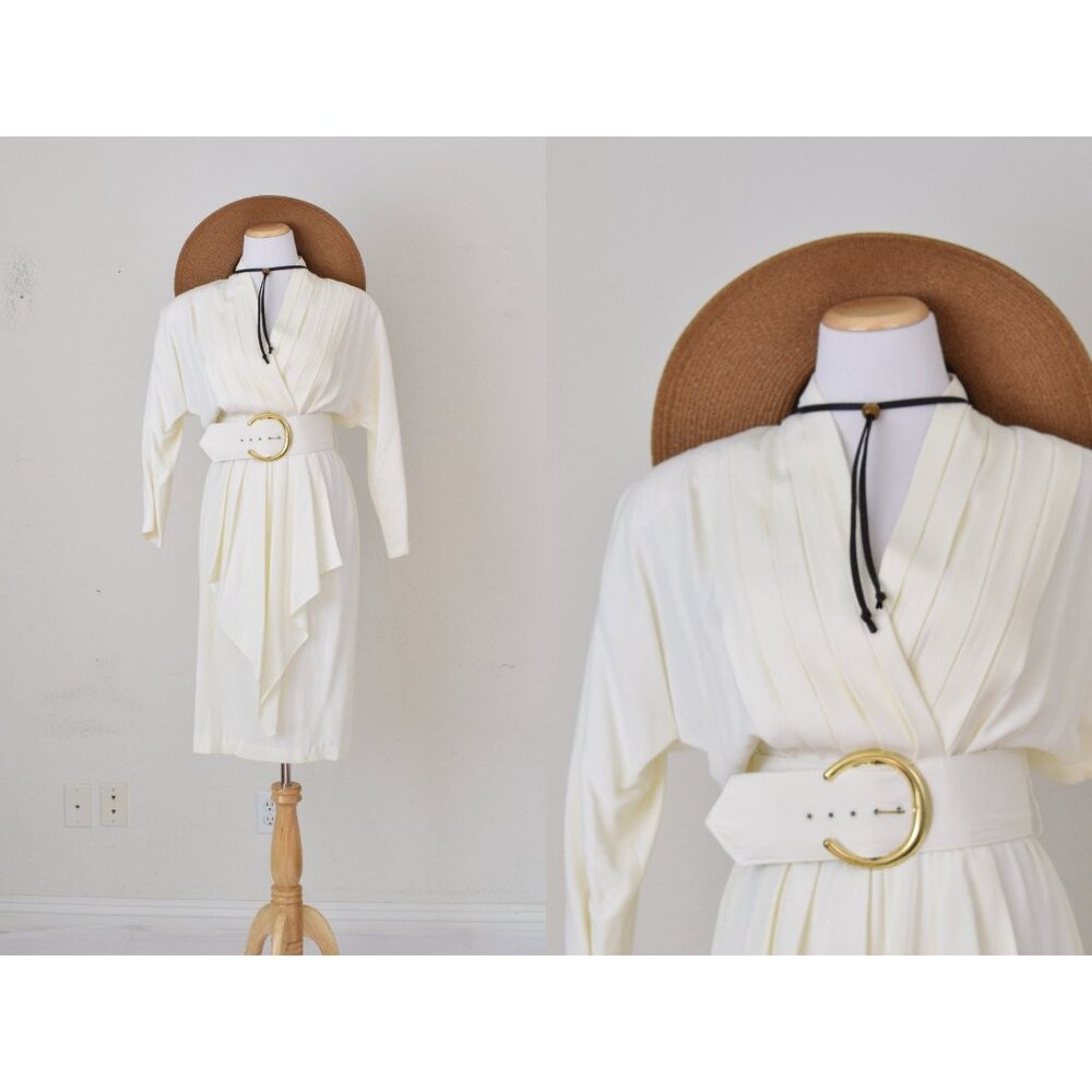 Vintage 80s Belted Beige Acetate/Rayon Pleated Dress by‎ Sarah Taylor